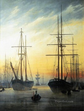  Par Pintura al %C3%B3leo - Vista De Un Puerto Barco Romántico Caspar David Friedrich